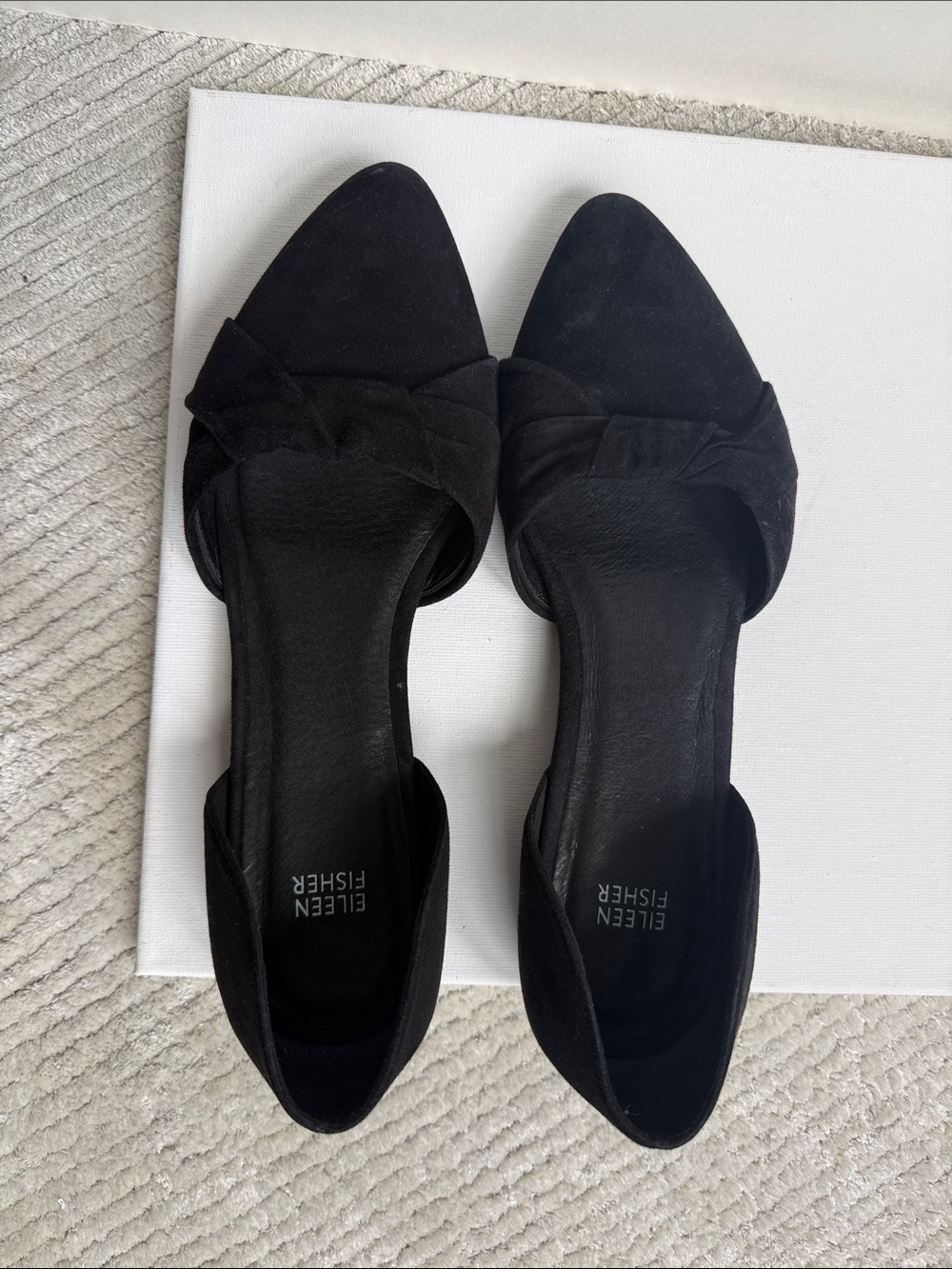 Eileen Fisher Black Suede D'Orsay Pointed Flats with Knot Detail